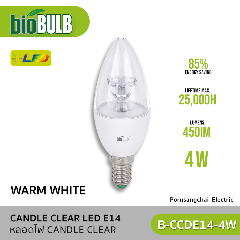 Biobulb - หลอดไฟ LED รุ่น Candle clear 4W E14 - Daylight, Warm White