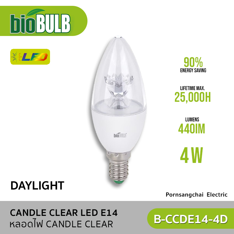 Biobulb - หลอดไฟ LED รุ่น Candle clear 4W E14 - Daylight, Warm White