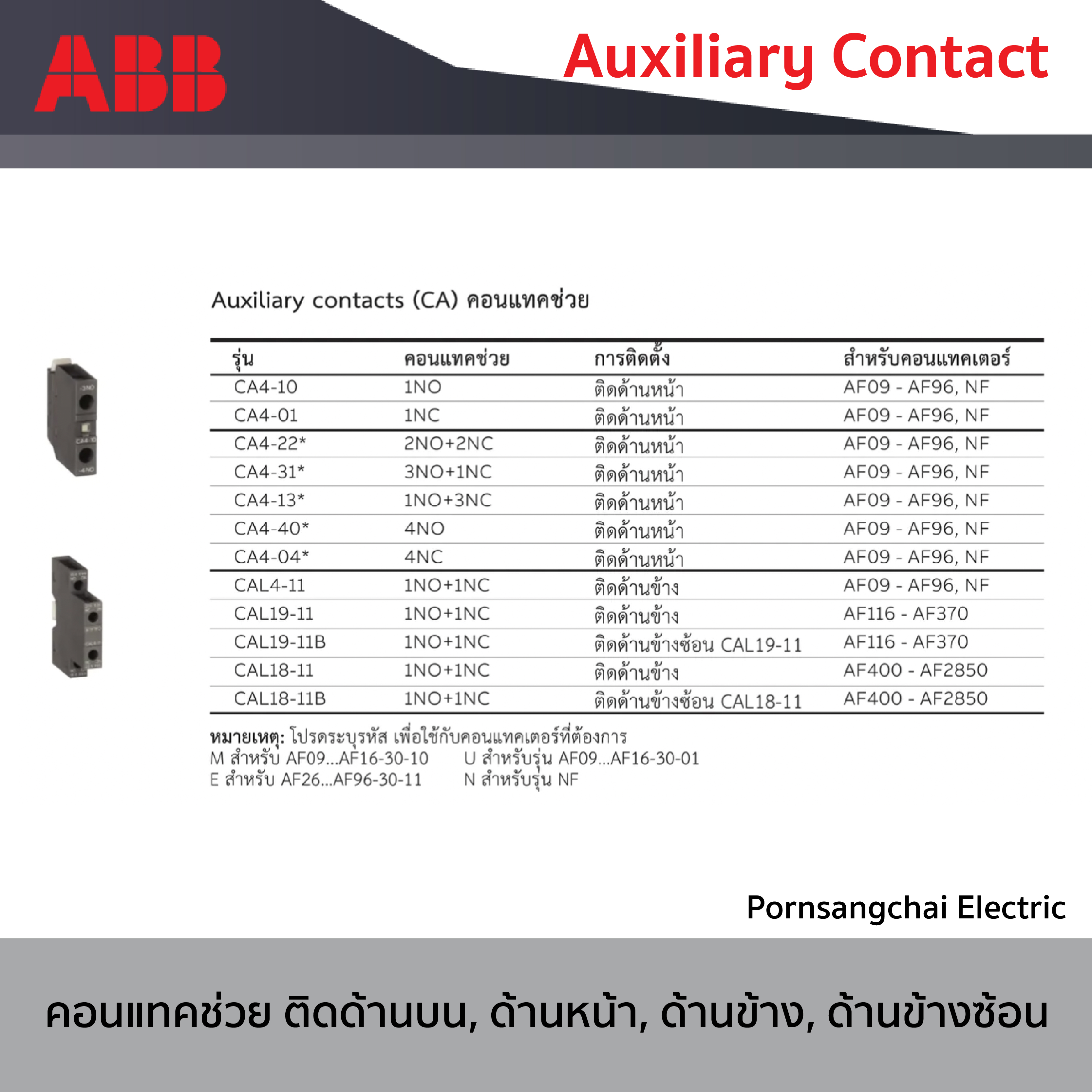 ABB - คอนแทคช่วย  Auxiliary Contact (CA) รุ่น CA4-10, CA4-01, CA4-22, CA4-31, CA4-13, CA4-40, CA4-04, CAL4-11, CAL19-11, CAL19-11B, CAL18-11, CAL18-11B