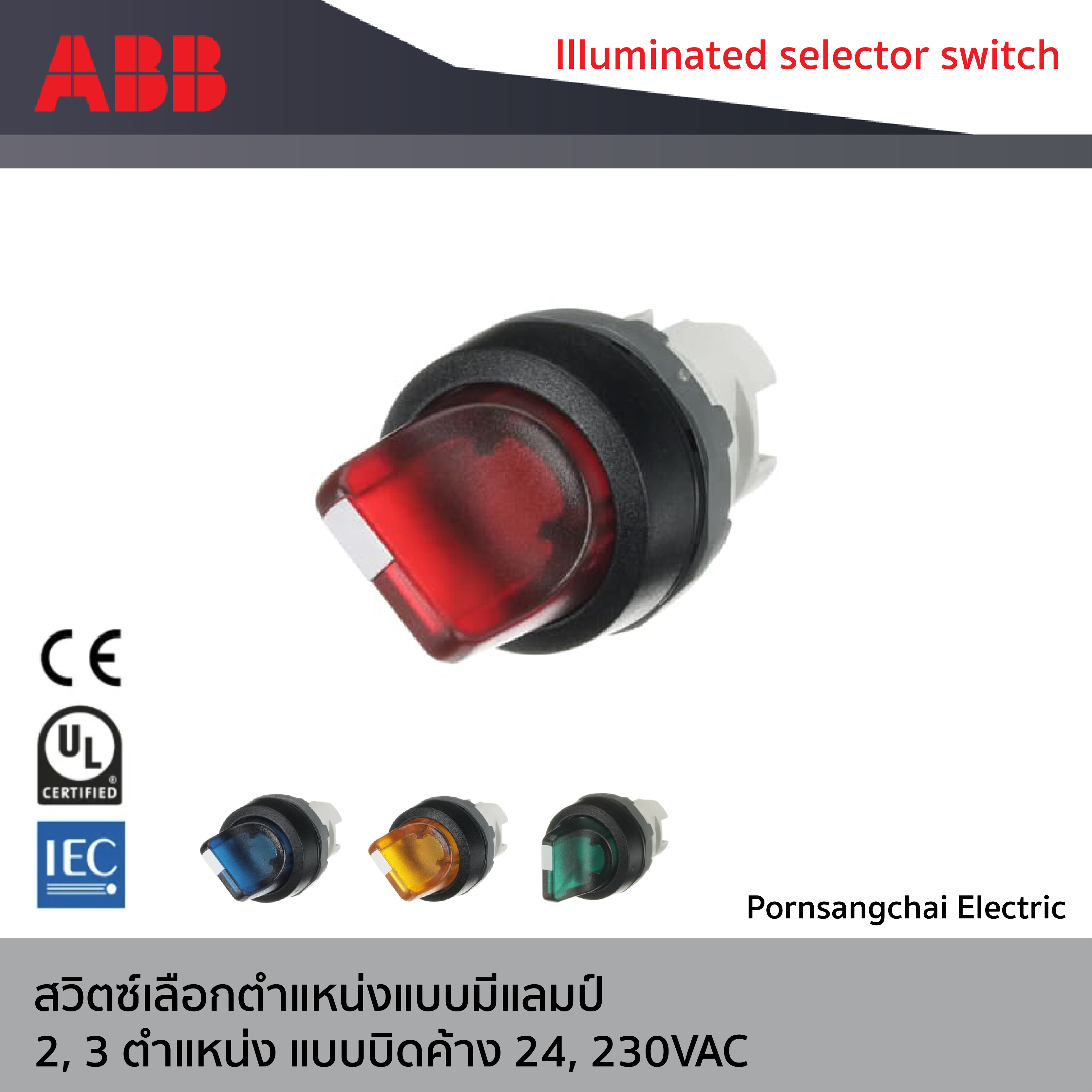ABB - สวิตซ์เลือกตำแหน่งแบบมีแลมป์ 2, 3 ตำแหน่ง แบบบิดค้าง ขนาด 24, 230VAC สีแดง, สีน้ำเงิน, สีเหลือง, สีเขียว (M2SS2-11R-11-01R, M2SS2-11R-11-07R, M3SS1-11R-11-01R, M3SS1-11R-11-07R)