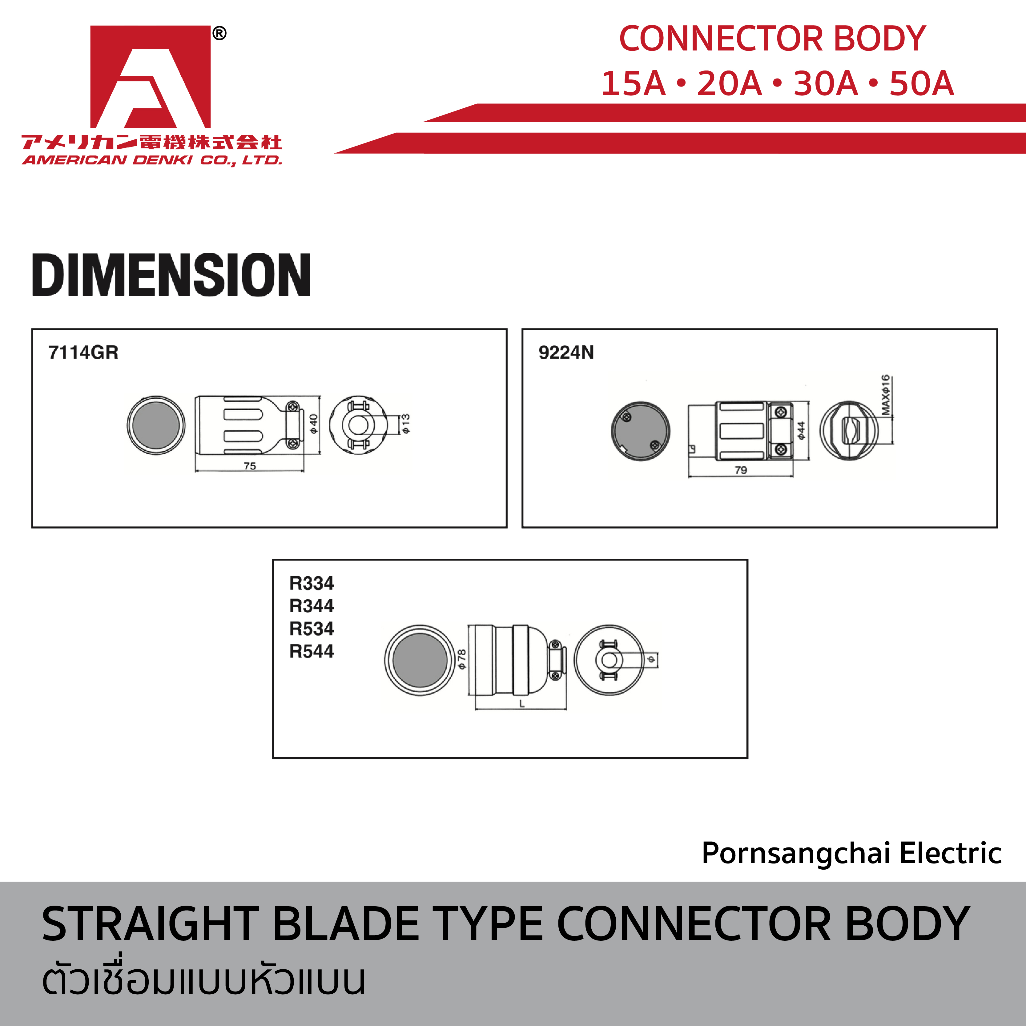 AMERICAN DENKI - ตัวเชื่อมต่อแบบหัวแบน ขนาด 15A, 20A, 30A, 50A