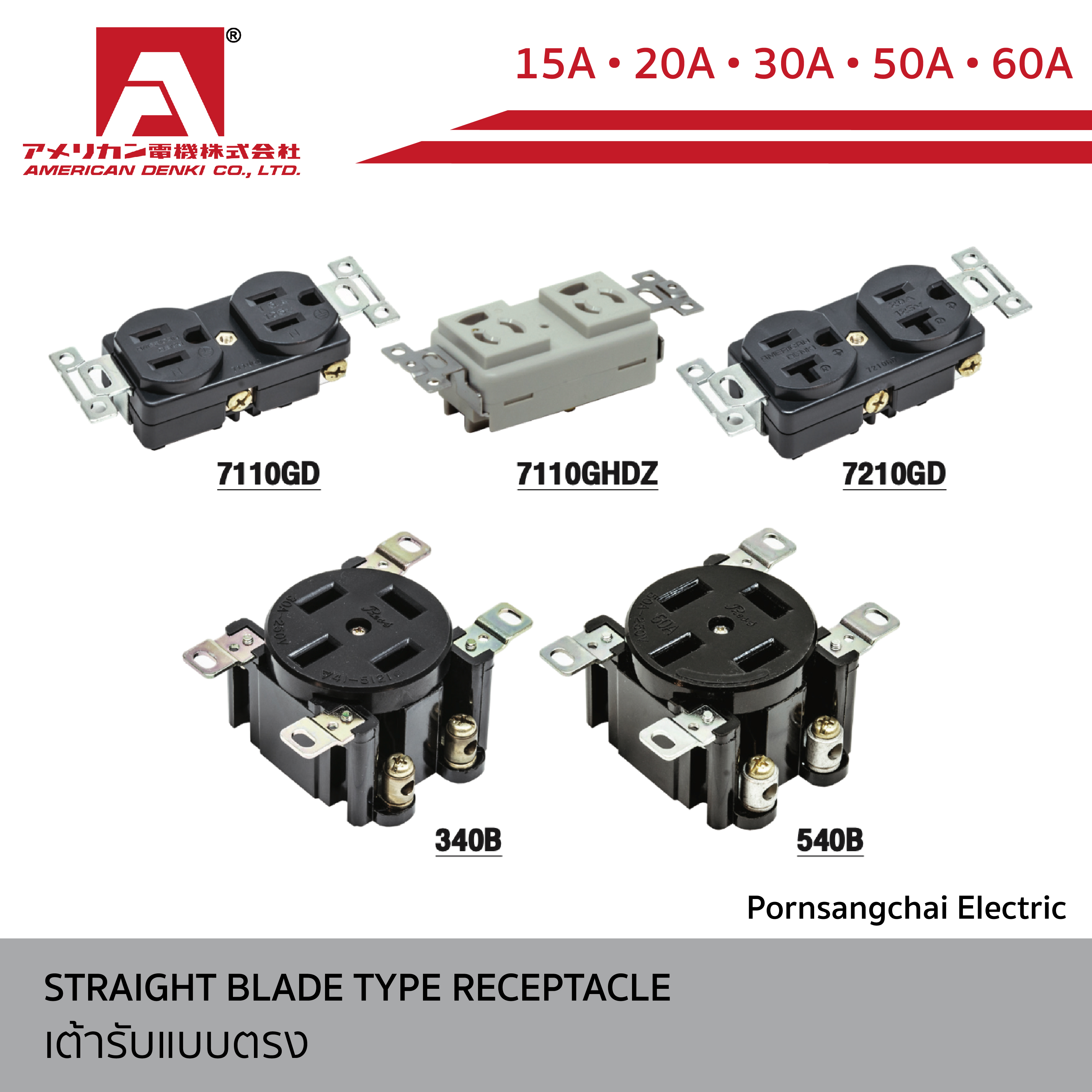 AMERICAN DENKI - เต้ารับแบบตรง ขนาด 15A, 20A, 30A, 50A, 60A