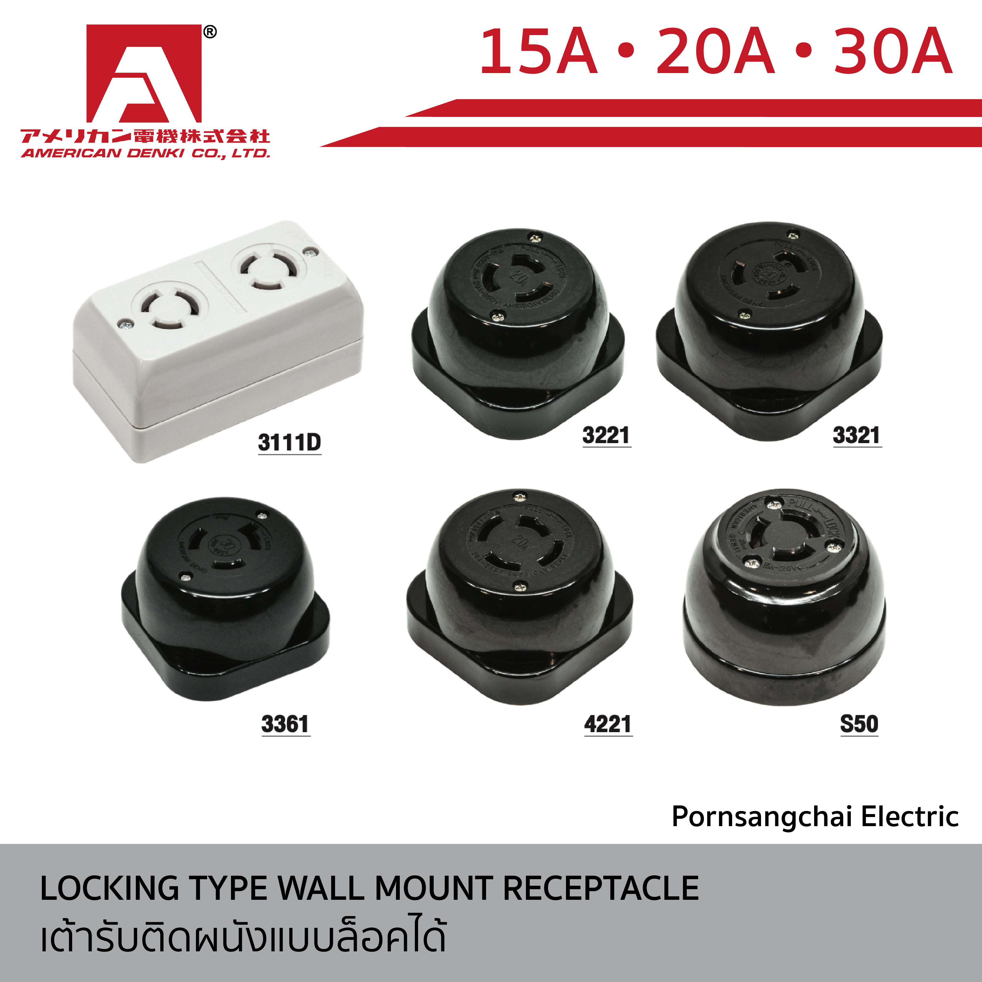 AMERICAN DENKI - เต้ารับแบบติดผนังแบบล็อคได้ ขนาด 15A, 20A, 30A