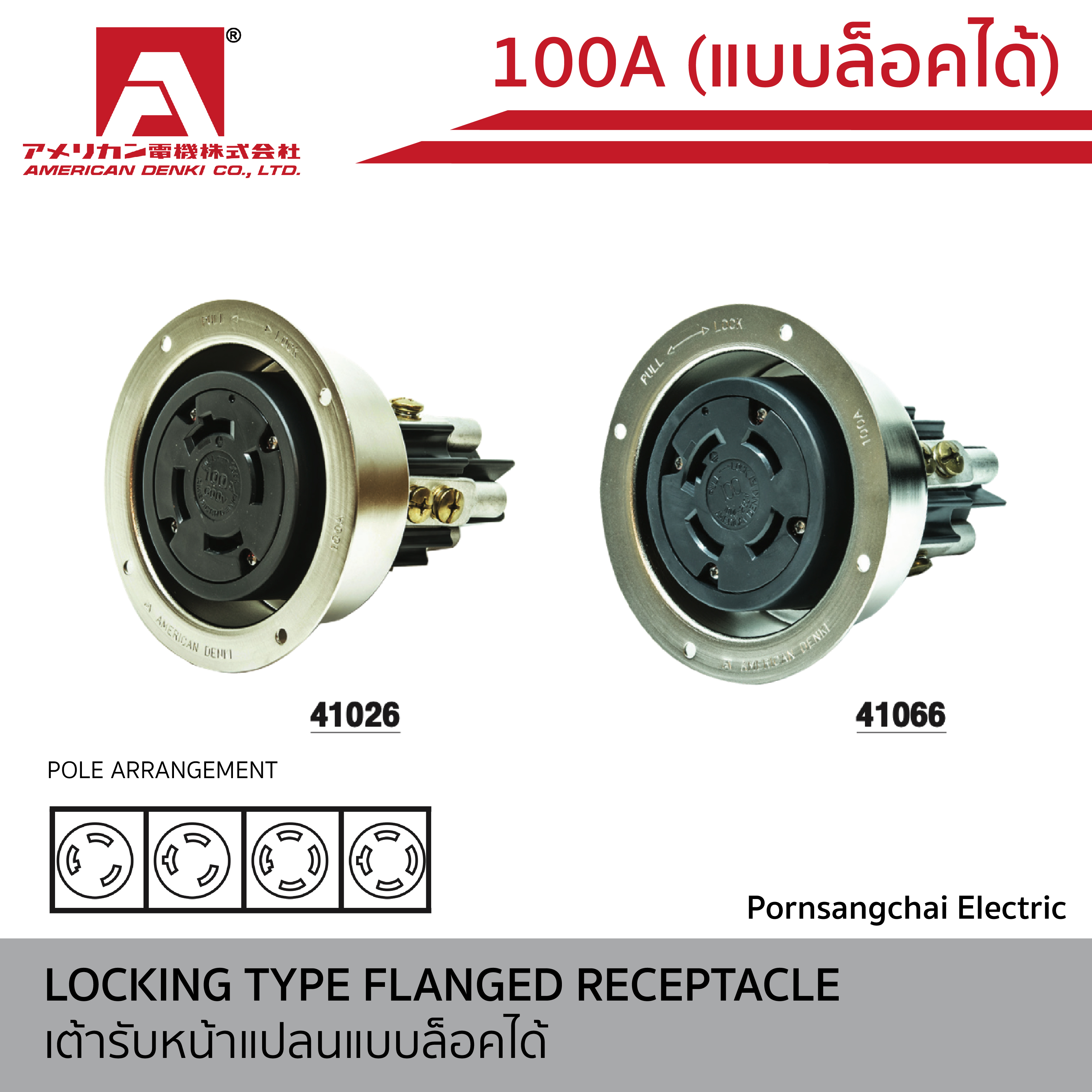 AMERICAN DENKI - เต้ารับหน้าแปลนแบบล็อคได้ ขนาด 100A รหัส 31026 , 31066 , 41026 , 41066