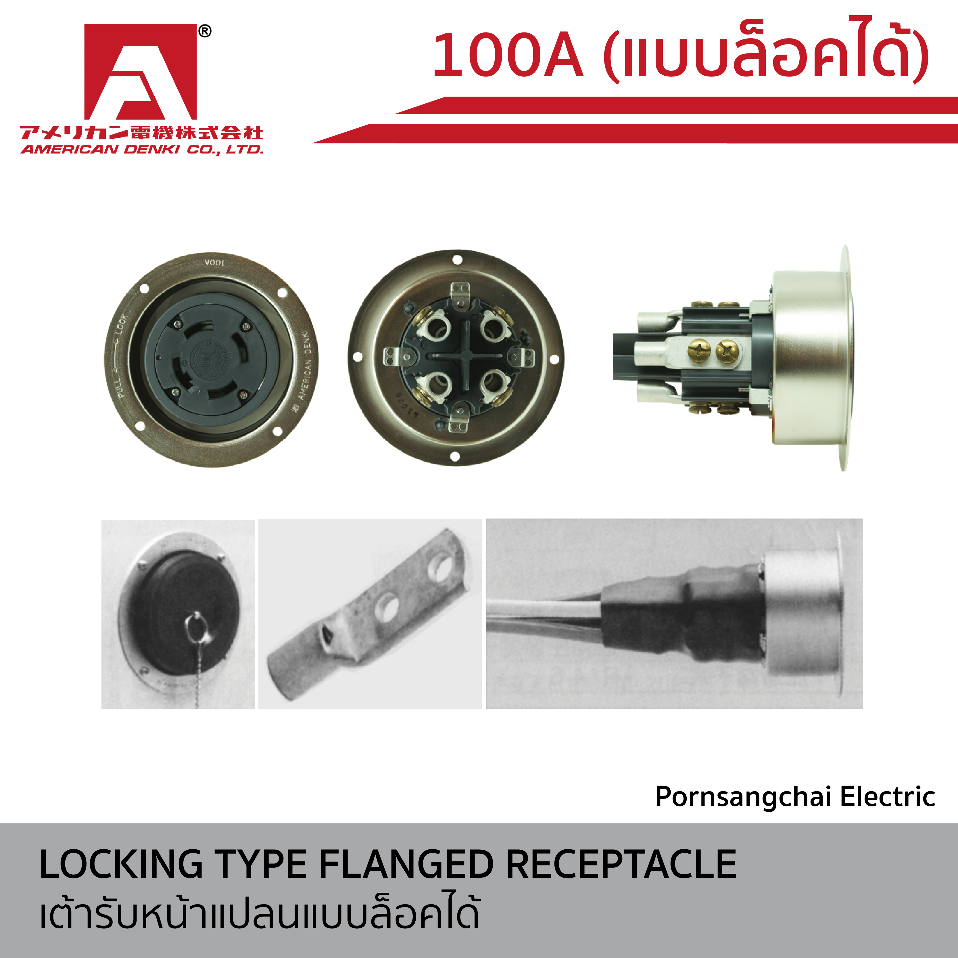 AMERICAN DENKI - เต้ารับหน้าแปลนแบบล็อคได้ ขนาด 100A รหัส 31026 , 31066 , 41026 , 41066