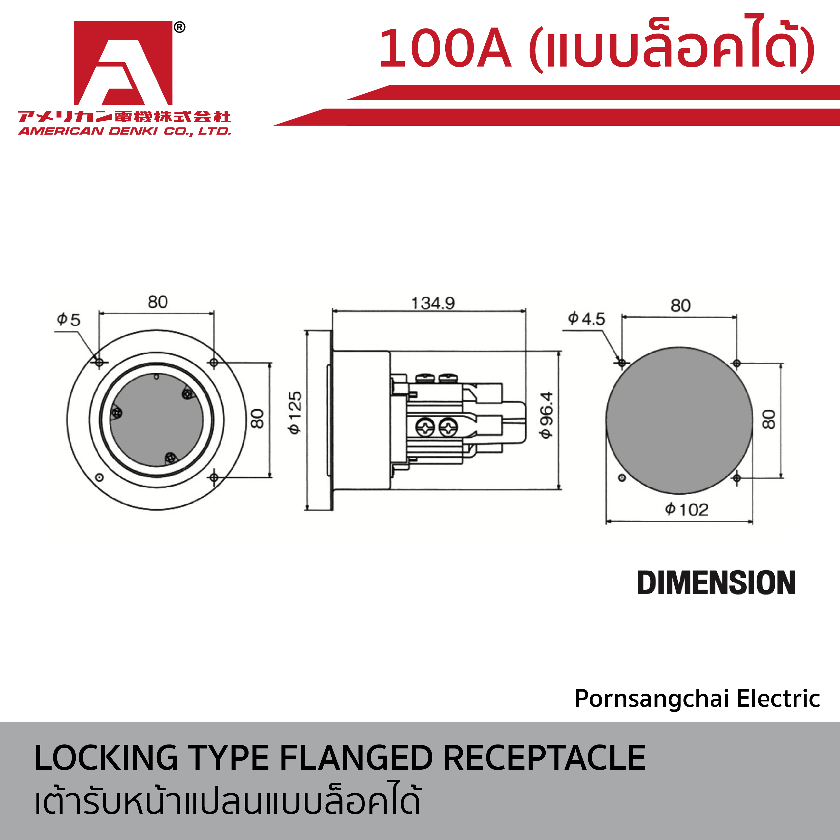 AMERICAN DENKI - เต้ารับหน้าแปลนแบบล็อคได้ ขนาด 100A รหัส 31026 , 31066 , 41026 , 41066