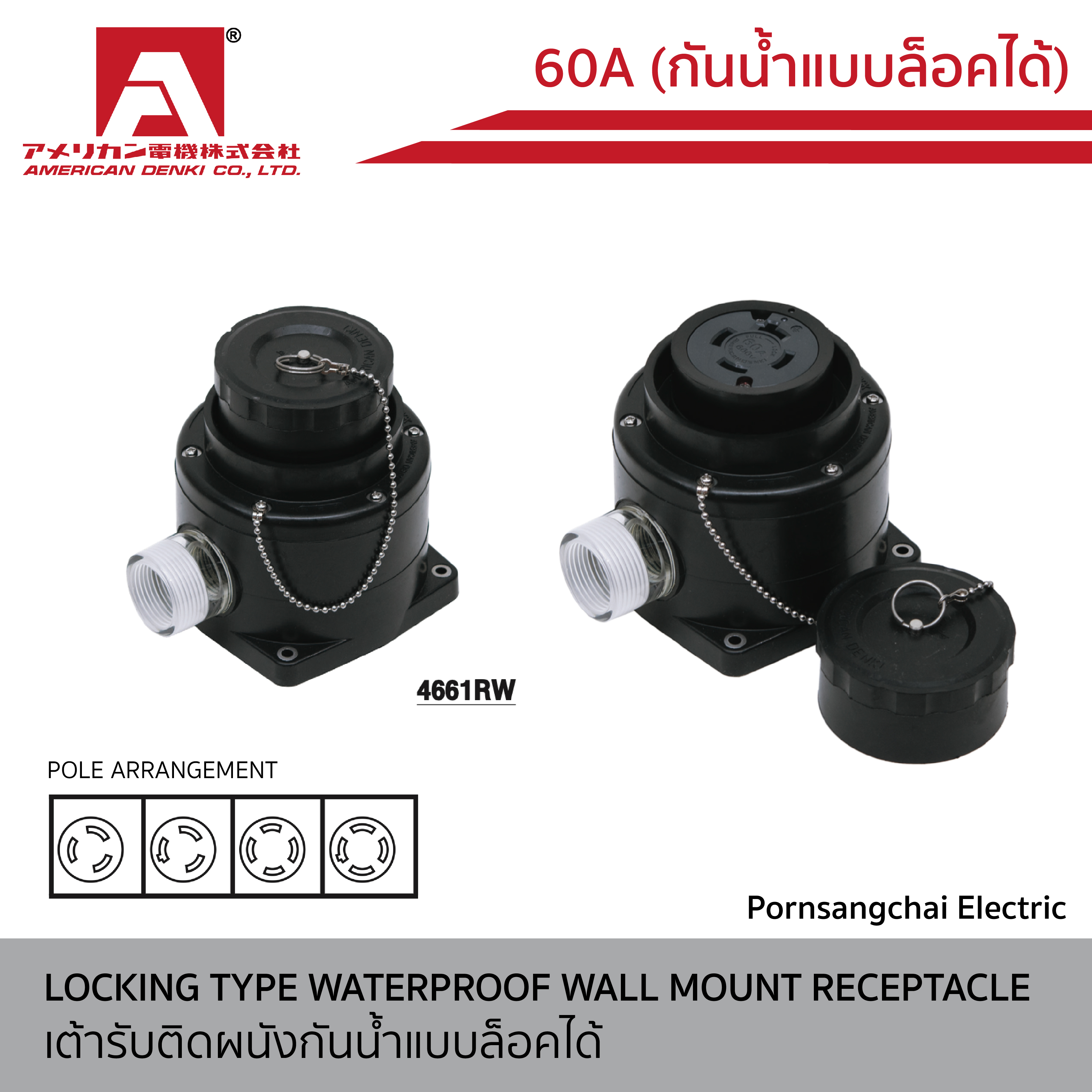 AMERICAN DENKI - เต้ารับติดผนังกันน้ำแบบล็อคได้ ขนาด 60A รหัส 3621RW  , 3661RW , 4621RW , 4661RW