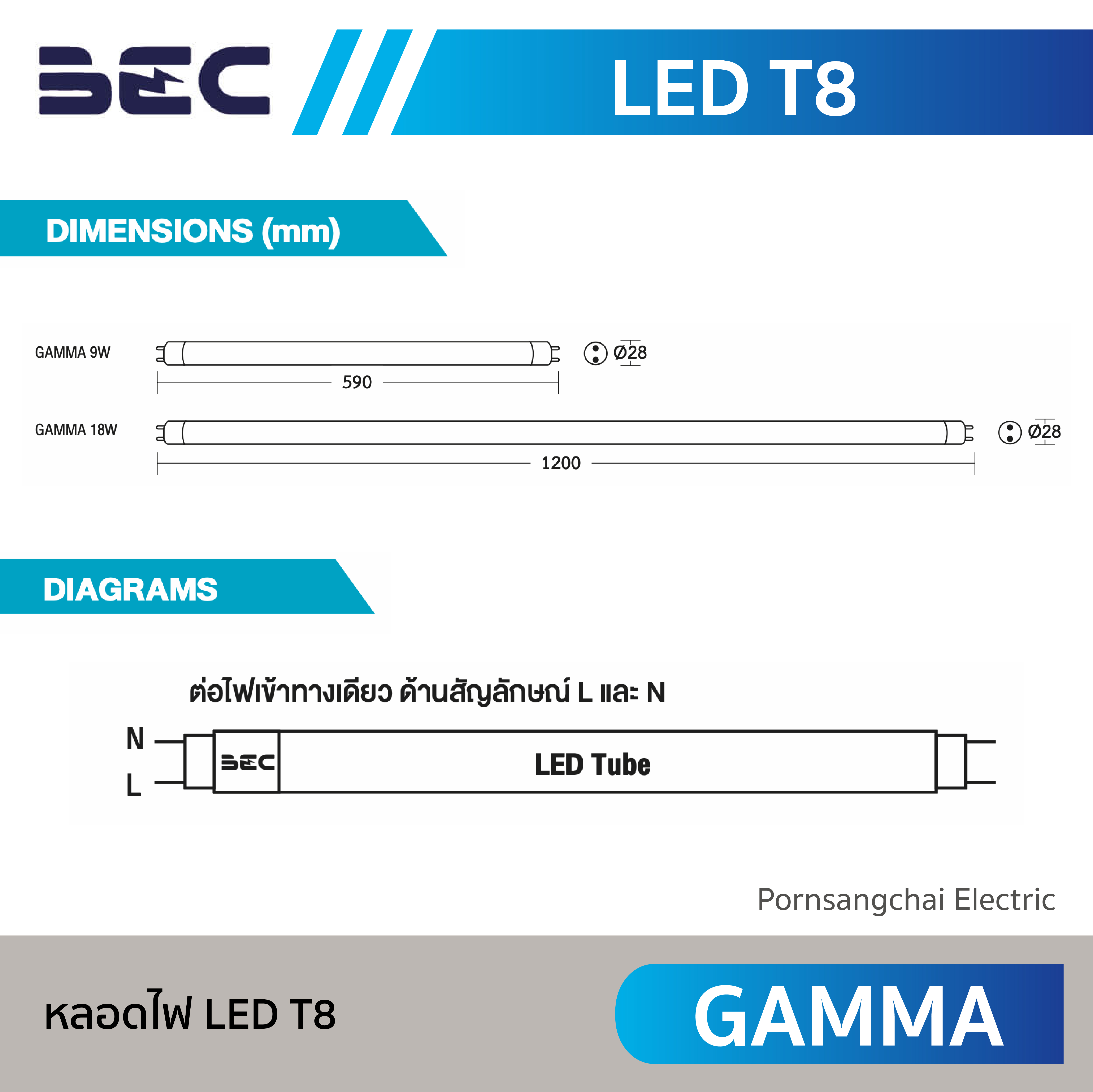 BEC หลอดไฟ LED T8 รุ่น GAMMA