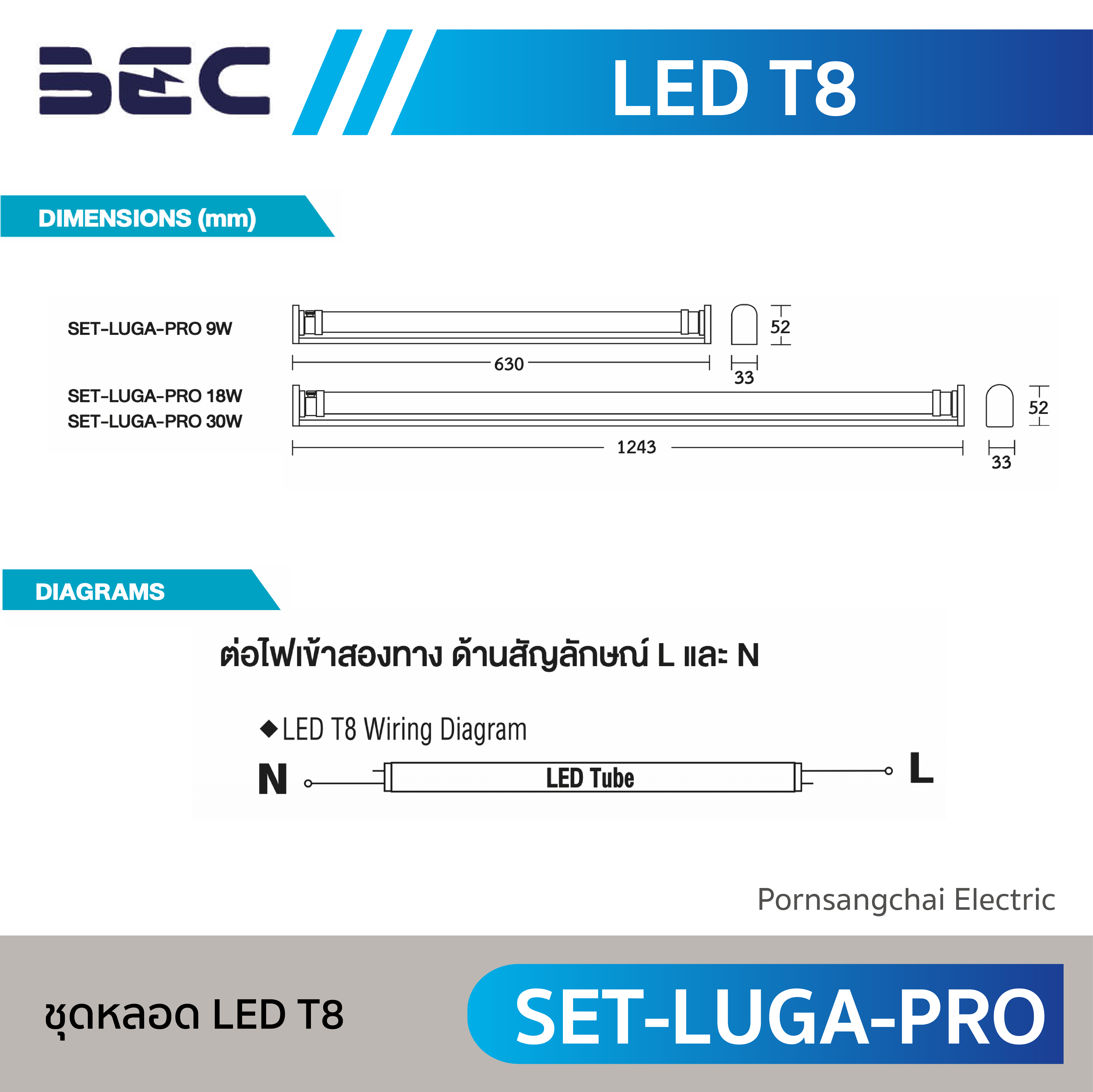 BEC ชุดรางพร้อมหลอด LED T8 รุ่น SET-LUGA-PRO
