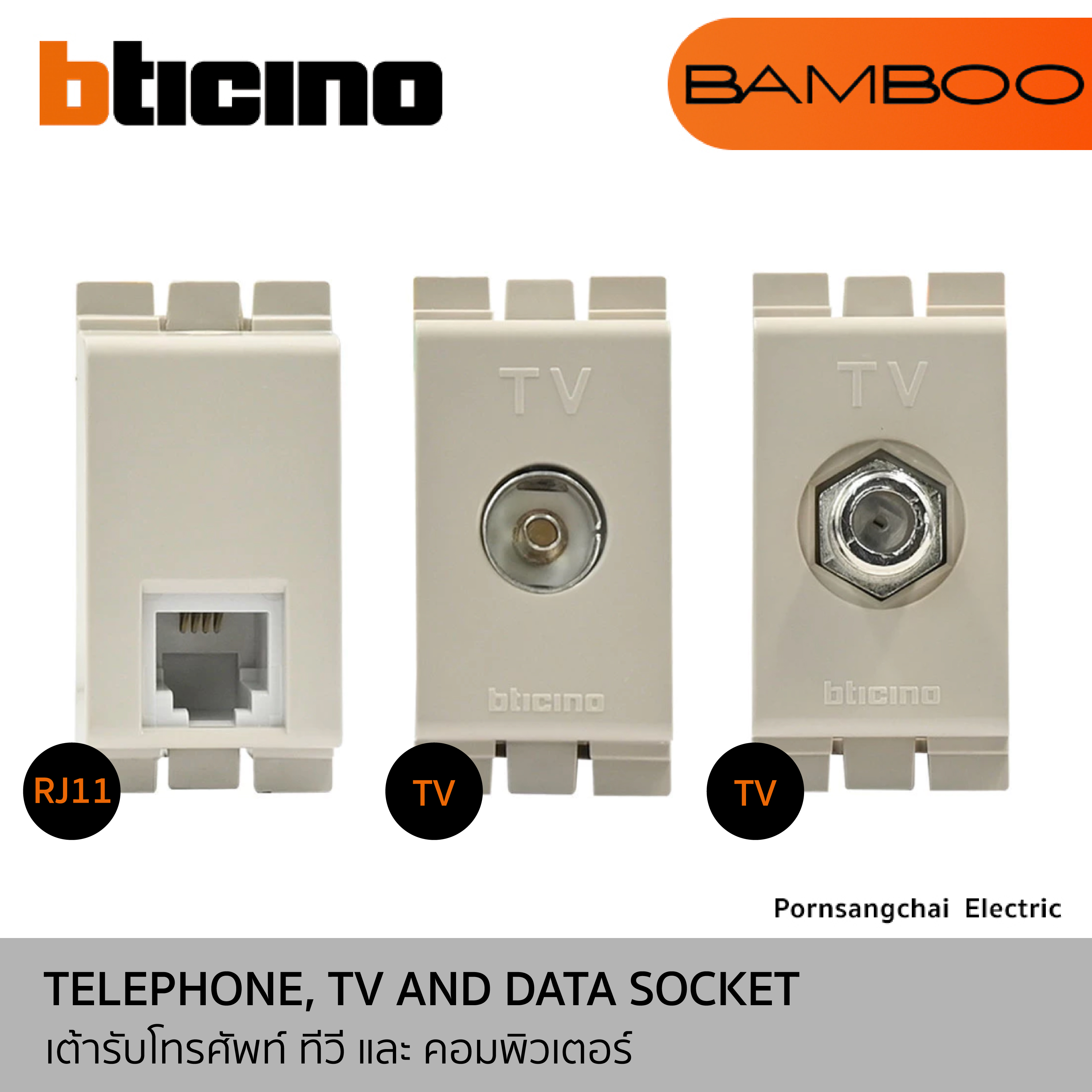 BTicino เต้ารับโทรศัพท์ ทีวี และ คอมพิวเตอร์ รุ่น BAMBOO AE2182EH, AE2152DEH, AE2152FEH, AE2179C5EH, AE2179C6EH, AE2182BN, AE2152DB, AE2152FB, AE2179C5B, AE2179C6B