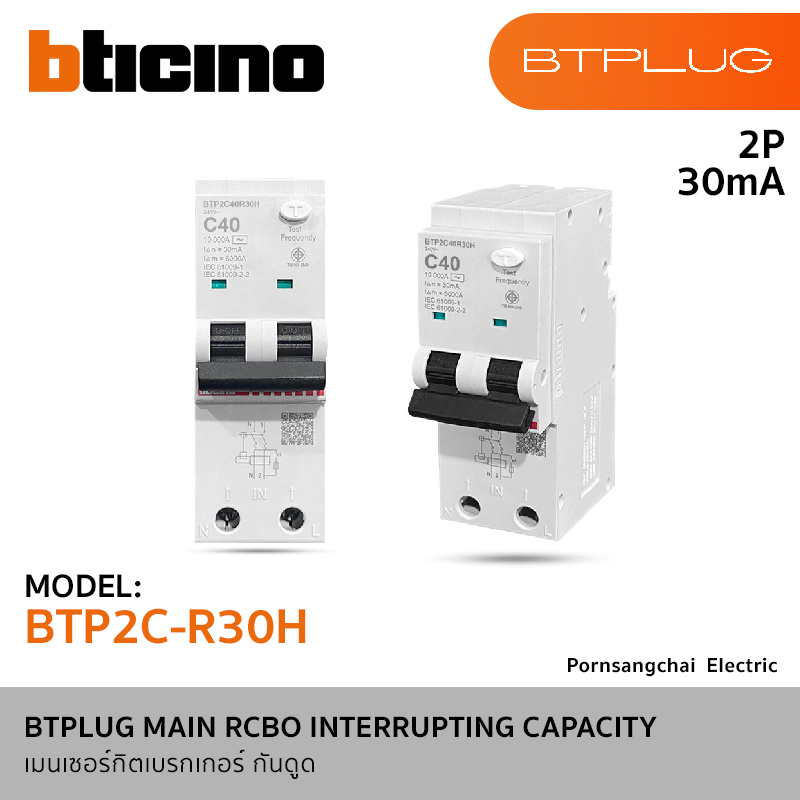 BTicino BTPLUG MAIN RCBO INTERRUPTING CAPACITY รุ่น BTP2C20R30H, BTP2C32R30H, BTP2C40R30H, BTP2C50R30H, BTP2C63R30H