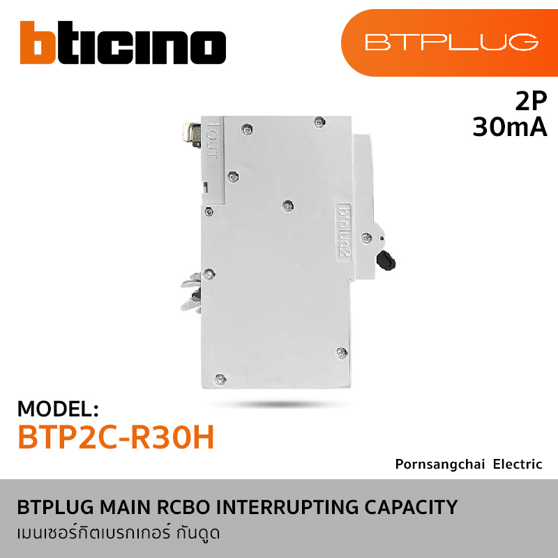 BTicino BTPLUG MAIN RCBO INTERRUPTING CAPACITY รุ่น BTP2C20R30H, BTP2C32R30H, BTP2C40R30H, BTP2C50R30H, BTP2C63R30H