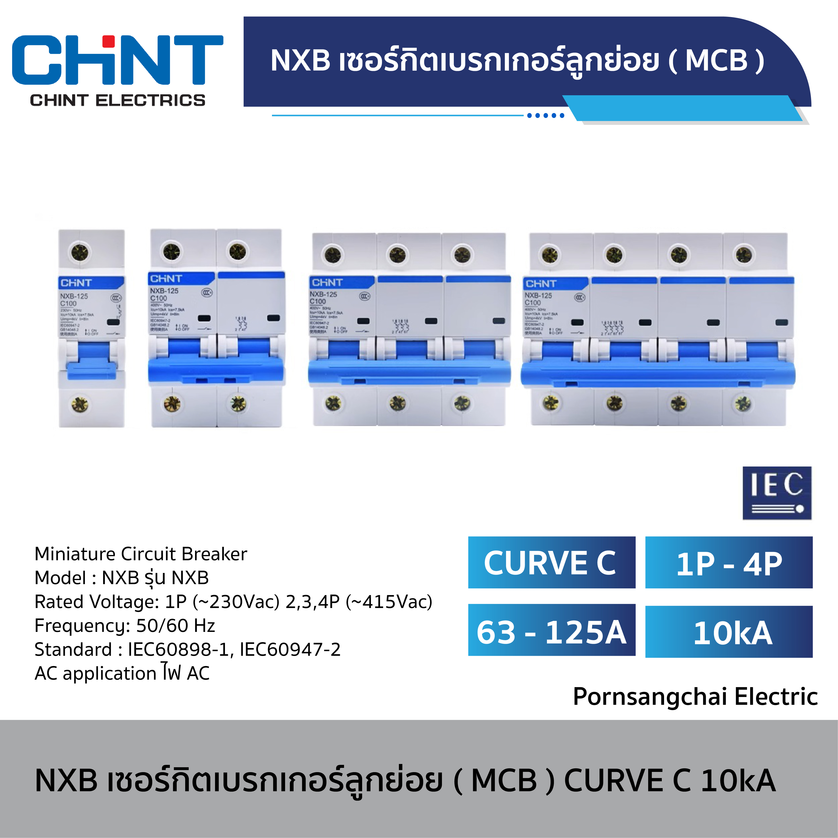 CHINT - เซอร์กิตเบรกเกอร์ลูกย่อย (MCB) Curve C รุ่น NXB-125G 10kA ขนาด 63-125A