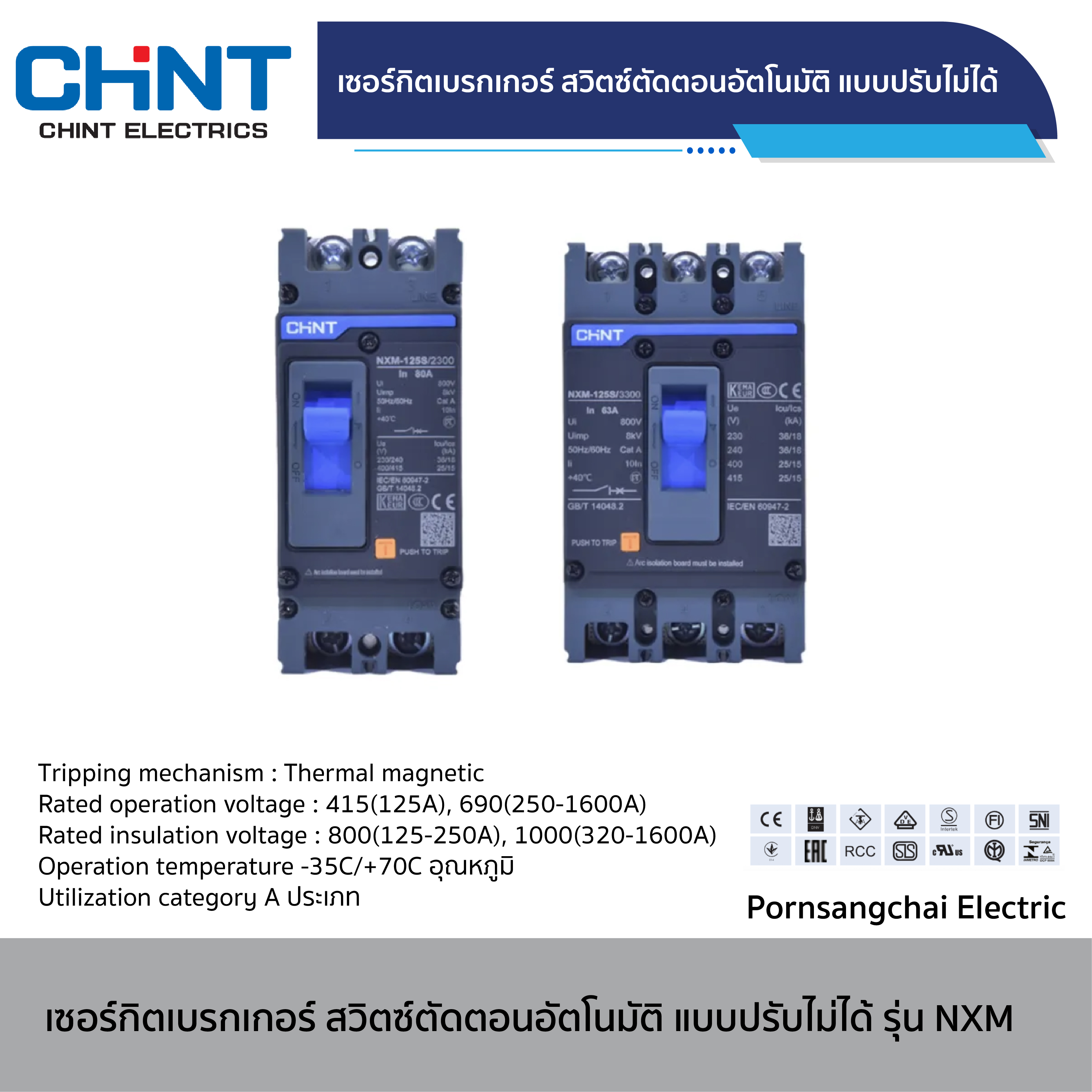 CHINT - เซอร์กิตเบรกเกอร์ สวิตซ์ ตัดตอนอัตโนมัติ แบบปรับไม่ได้ ขนาด 2P, 3P รุ่น NXM-125, NXM-250, NXM-400, NXM-630, NXM-800, NXM-1000, NXM-1600