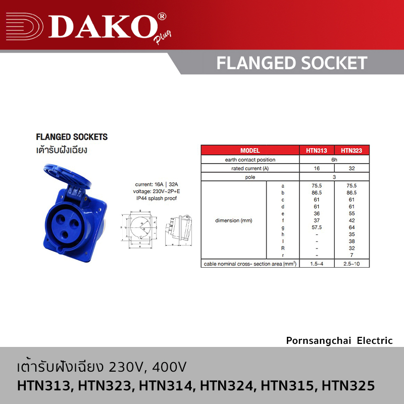 DAKO FLANGED SOCKET 3P, 4P, 5P 230V, 400V 16A, 32A IP44 รุ่น HTN313, HTN323, HTN314, HTN324, HTN315, HTN325