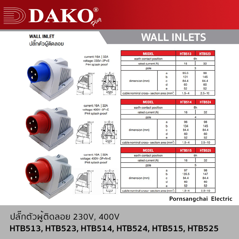 DAKO - ปลั๊กตัวผู้ติดลอย 3P, 4P, 5P 230V, 400V 16A, 32A IP44 รุ่น HTB513, HTB523, HTB514, HTB524, HTB515, HTB525