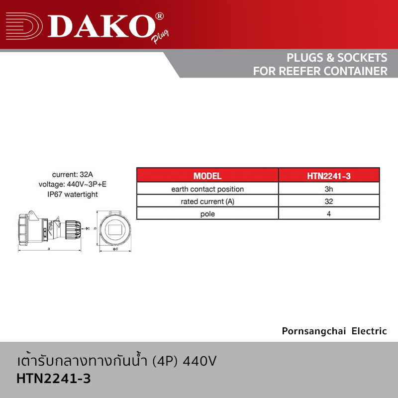 DAKO - เต้ารับกลางทางกันนํ้า (4P) 440V 32A IP67 รุ่น HTN2241-3