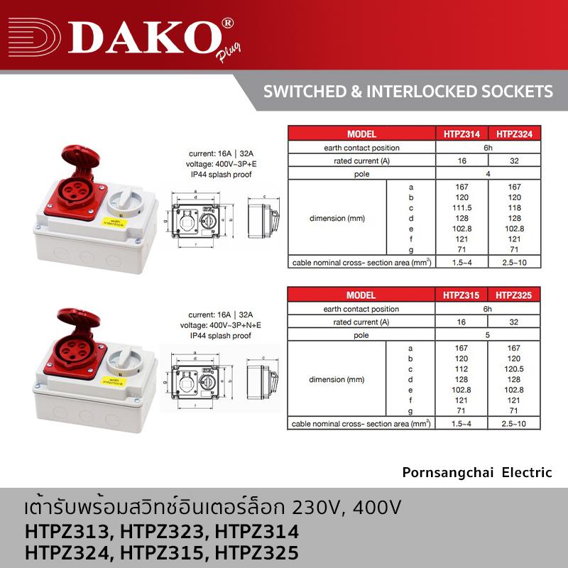 DAKO SWITCHED & INTERLOCKED SOCKETS  3P, 4P, 5P 230V, 400V 16A, 32A IP44 รุ่น HTPZ313, HTPZ323, HTPZ314, HTPZ324, HTPZ315, HTPZ325