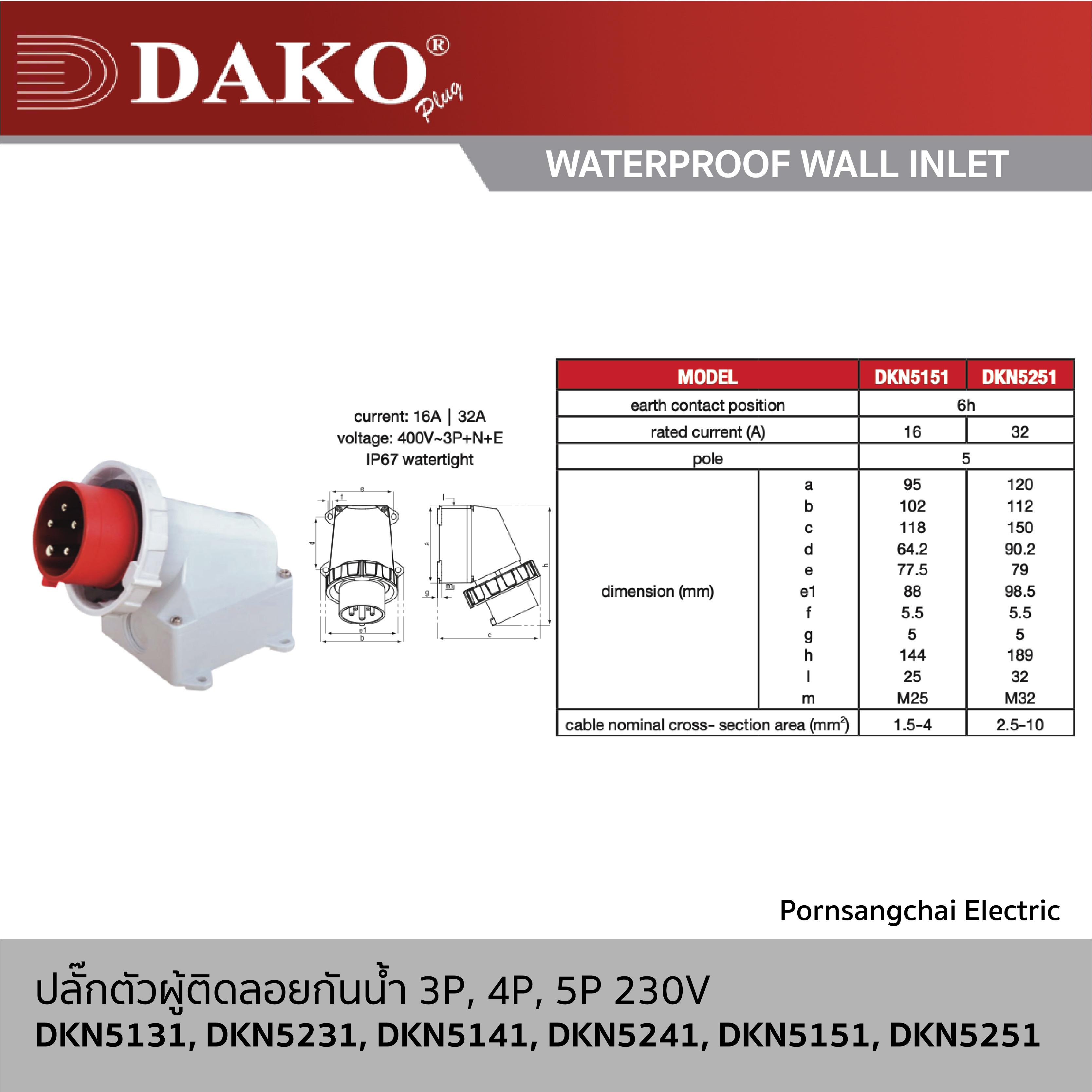 DAKO - ปลั๊กตัวผู้ติดลอยกันนํ้า 3P, 4P, 5P 400V 16A, 32A รุ่น DKN5131, DKN5231, DKN5141, DKN5241, DKN5151, DKN5251