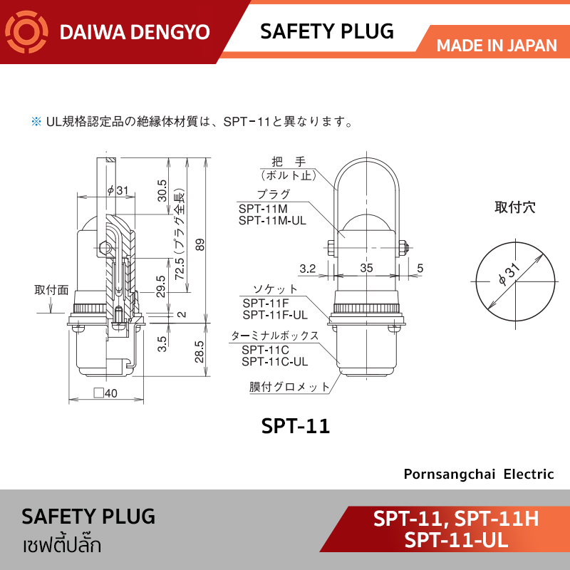 DAIWA DENGYO เซฟตี้ปลั๊ก 15A 220V รุ่น SPT-11, SPT-11H, SPT-11-UL