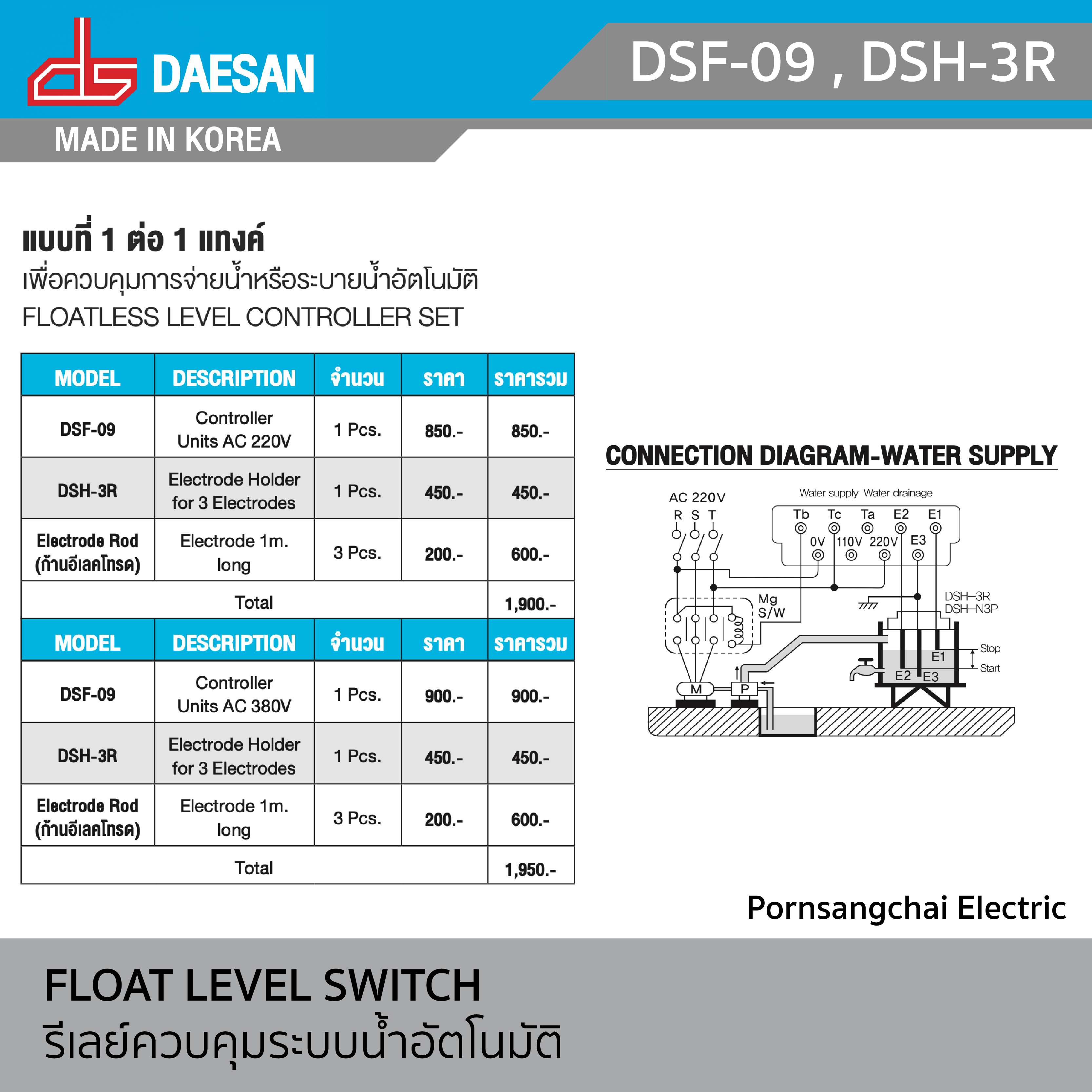 DAESAN - รีเลย์ควบคุมระบบน้ำอัตโนมัติ รุ่น DSF-09 , DSH-3R