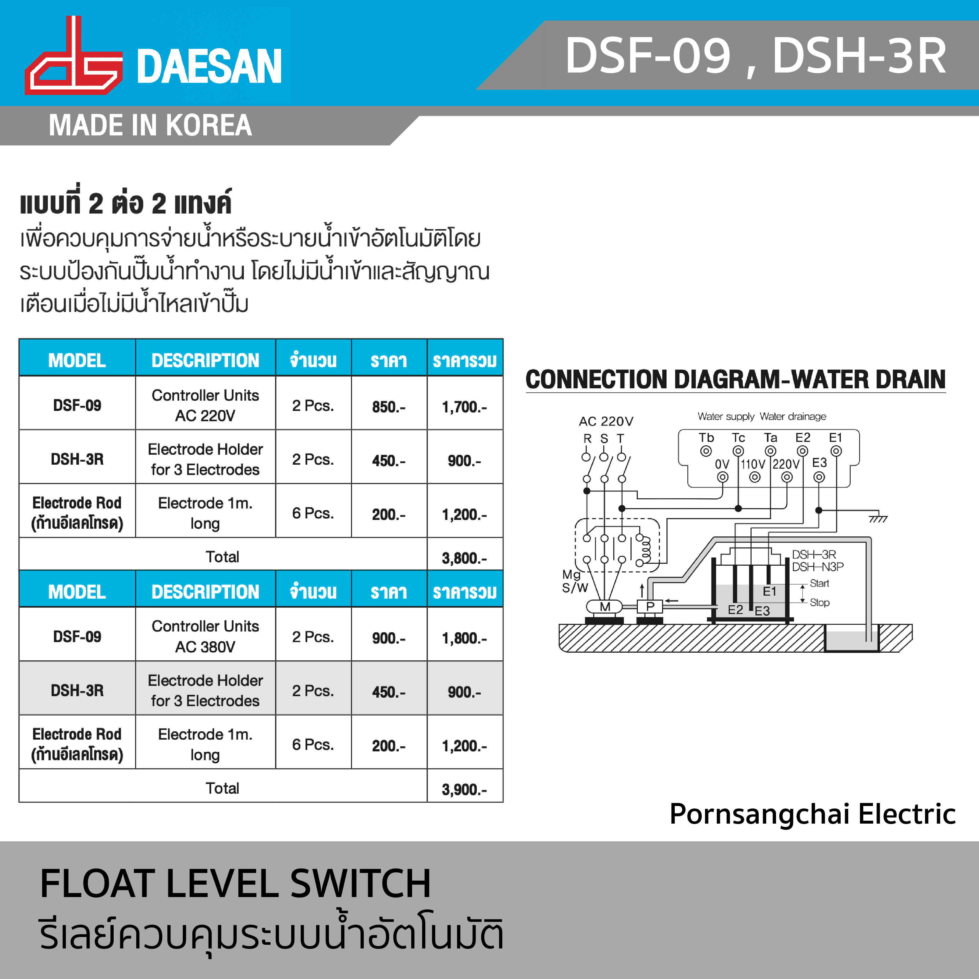 DAESAN - รีเลย์ควบคุมระบบน้ำอัตโนมัติ รุ่น DSF-09 , DSH-3R