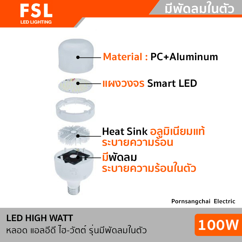 FSL LED HIGH WATT 100W ขั้ว E40 รุ่นมีพัดลมในตัว