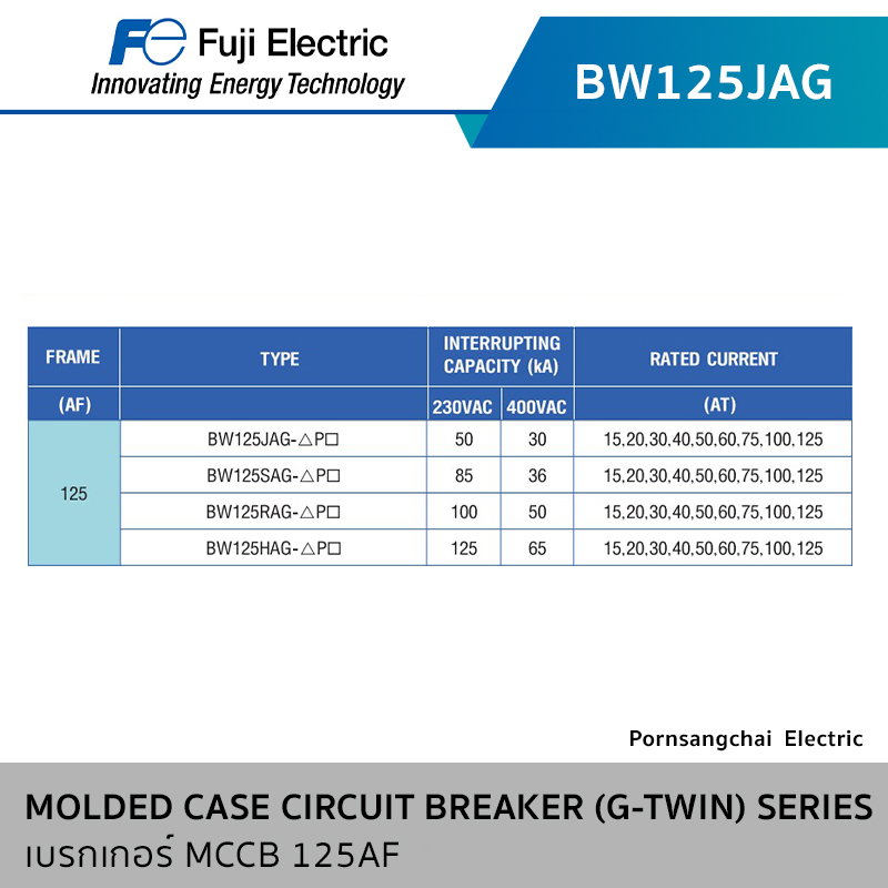 Fuji MOLDED CASE CIRCUIT BREAKER (G-TWIN) SERIES  MCCB 125AF 2P,3P,4P รุ่น BW125JAG