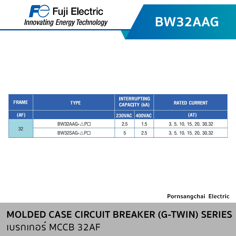 Fuji เบรกเกอร์ MCCB 32AF 2P,3P G-TWIN Series รุ่น BW32AAG, BW32SAG