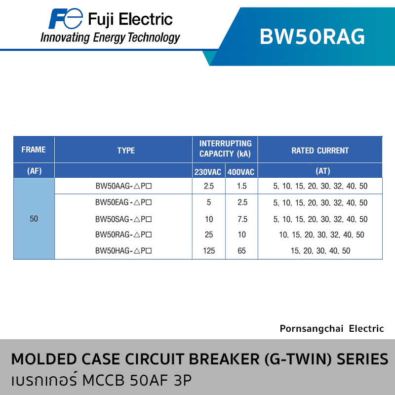 Fuji เบรกเกอร์ MCCB 50AF 2P,3P G-TWIN Series รุ่น BW50RAG, BW50AAG, BW50EAG, BW50SAG, BW50HAG