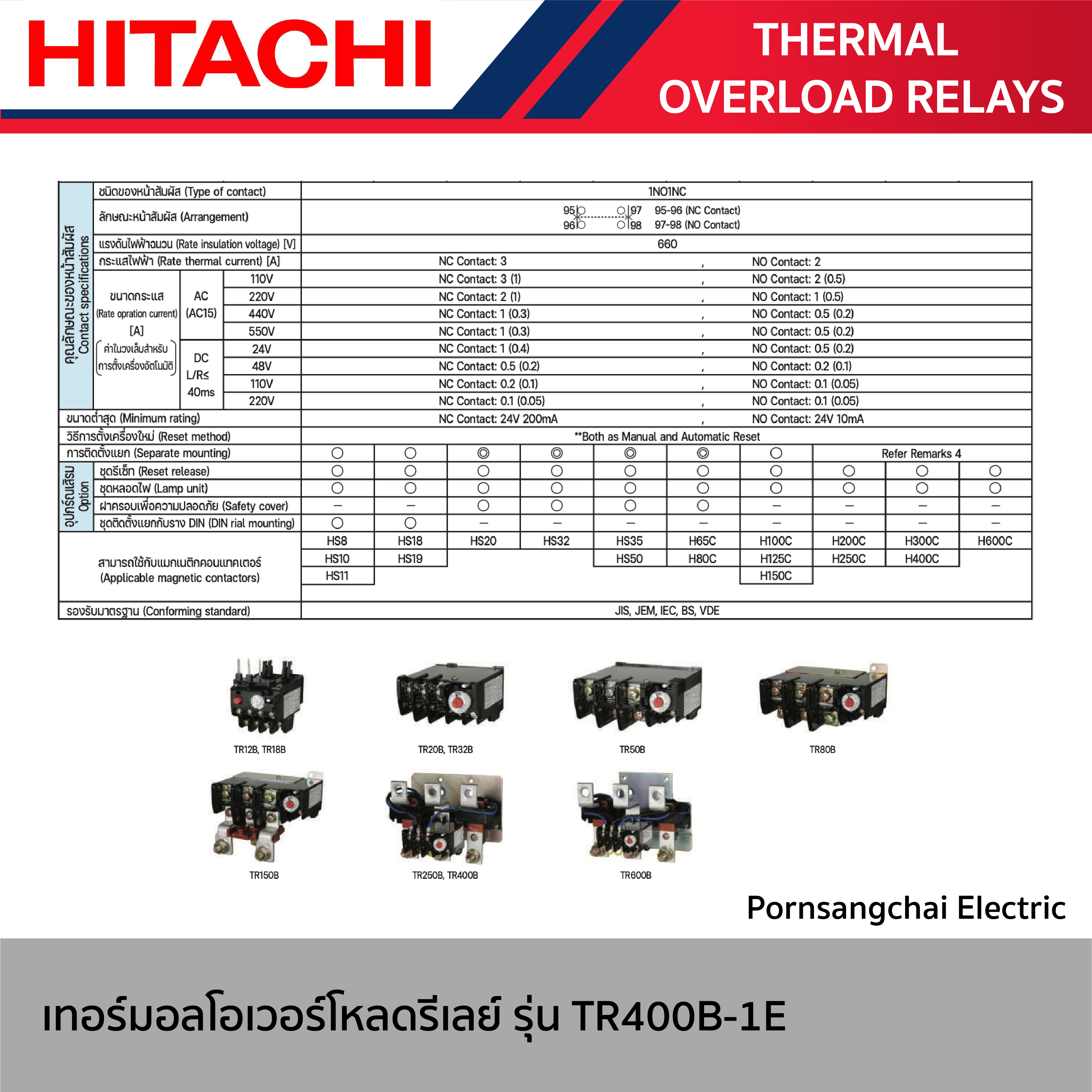 HITACHI - เทอร์มอลโอเวอร์โหลดรีเลย์ THERMAL OVERLOAD RELAYS รุ่น TR400B-1E
