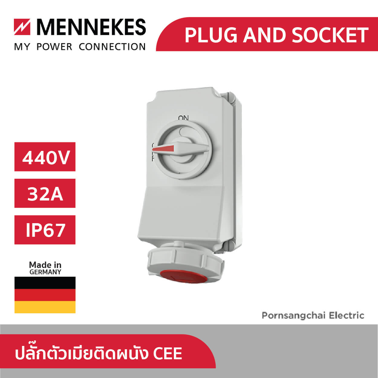 Mennekes ปลั๊กตัวเมียติดผนังกันนํ้า พร้อมสวิทช์ และ DUO interlock มีไฟ 5714403G (รหัสเดิม 5792A) IP67 32A 3P+E 400V