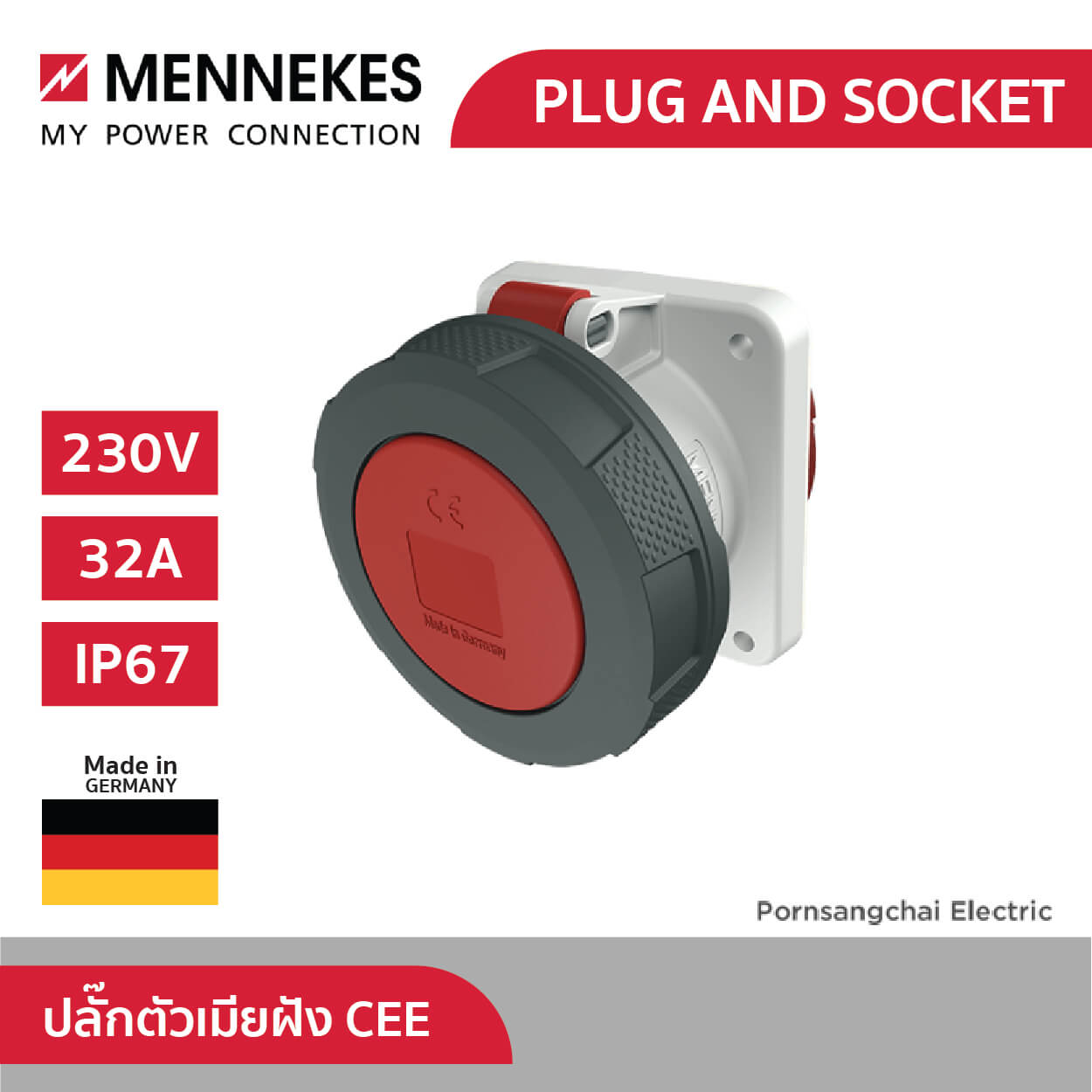 Mennekes ปลั๊กตัวเมียฝัง CEE แบบฝังตรง ชนิดกันน้ำ รหัส 1708, 1712, 1131, 1810, 1814, 1820, 1264A, 1124A, 1128A