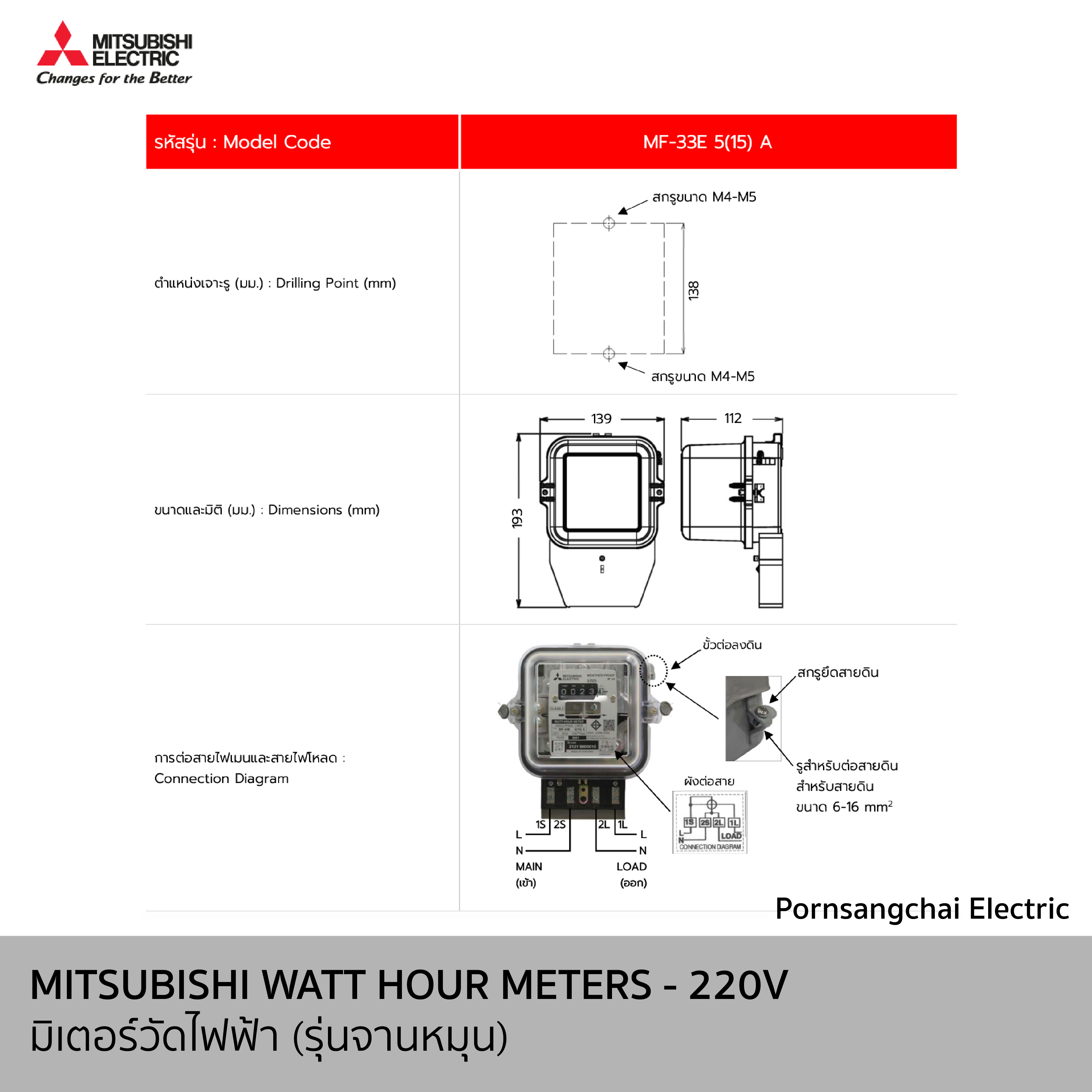 MITSUBISHI (Meter) มิตซูบิชิ มิเตอร์วัดไฟฟ้า รุ่นจานหมุน MF-33E 1P2W