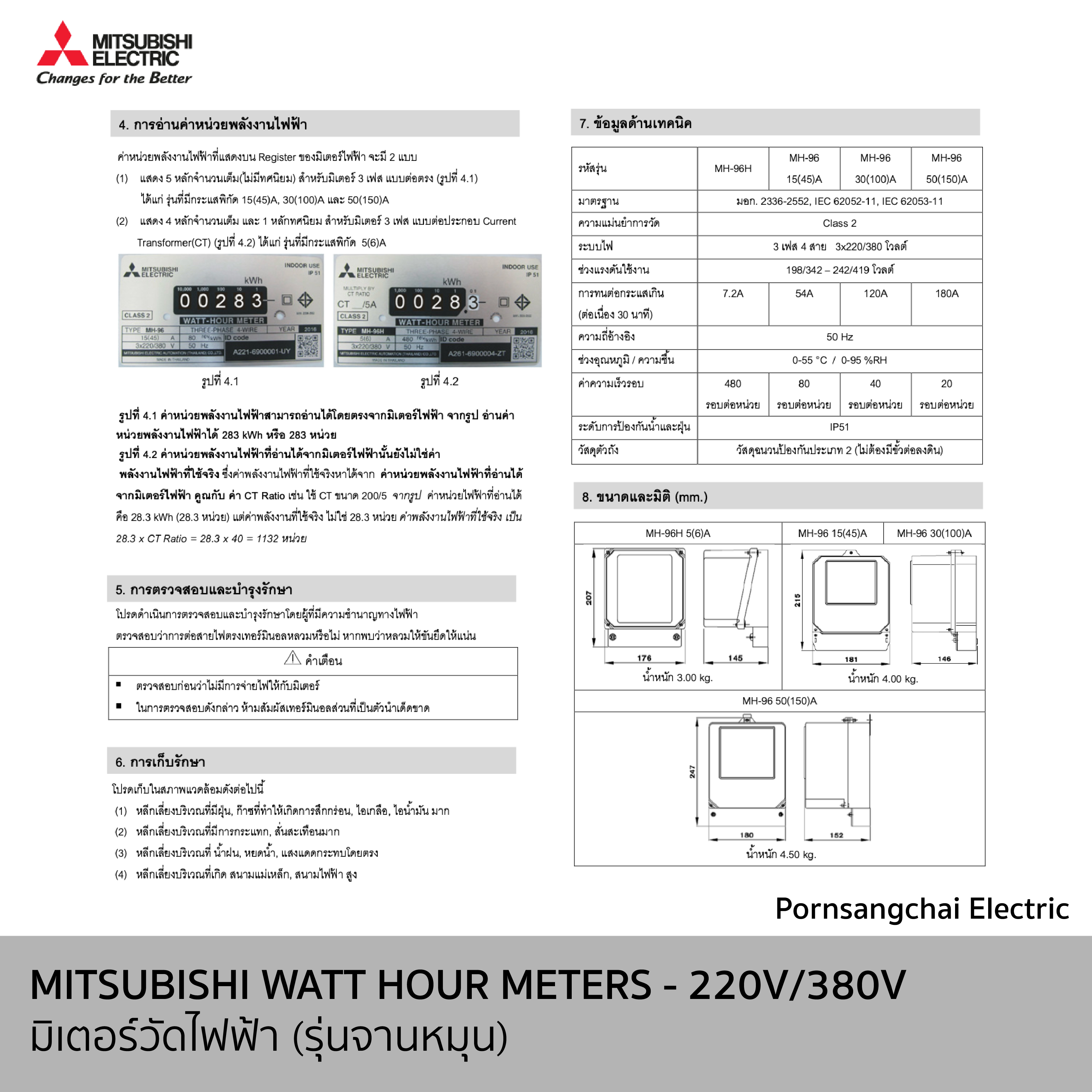 MITSUBISHI (Meter) มิตซูบิชิ มิเตอร์วัดไฟฟ้า รุ่นจานหมุน MH-96, MH-96H