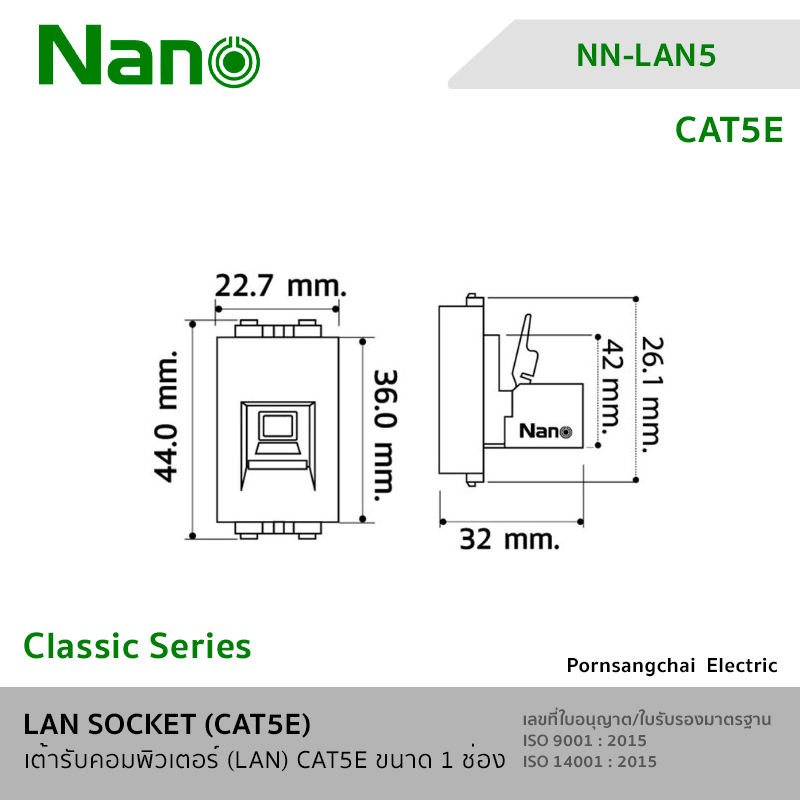 NANO เต้ารับคอมพิวเตอร์ ขนาด 1 ช่อง (CAT5E) NN-LAN5, NN-LAN5B