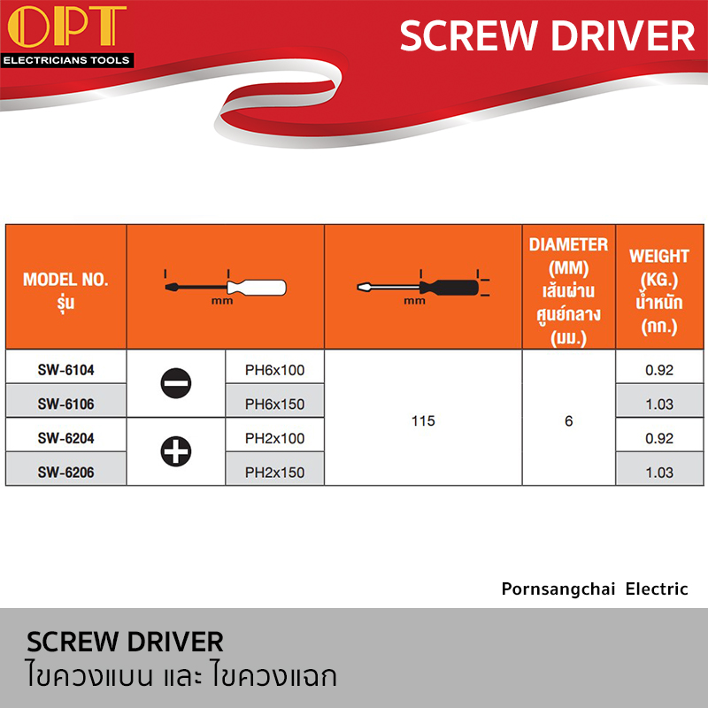 OPT SCREW DRIVER SW-6104, SW-6106, SW-6204, SW-6206