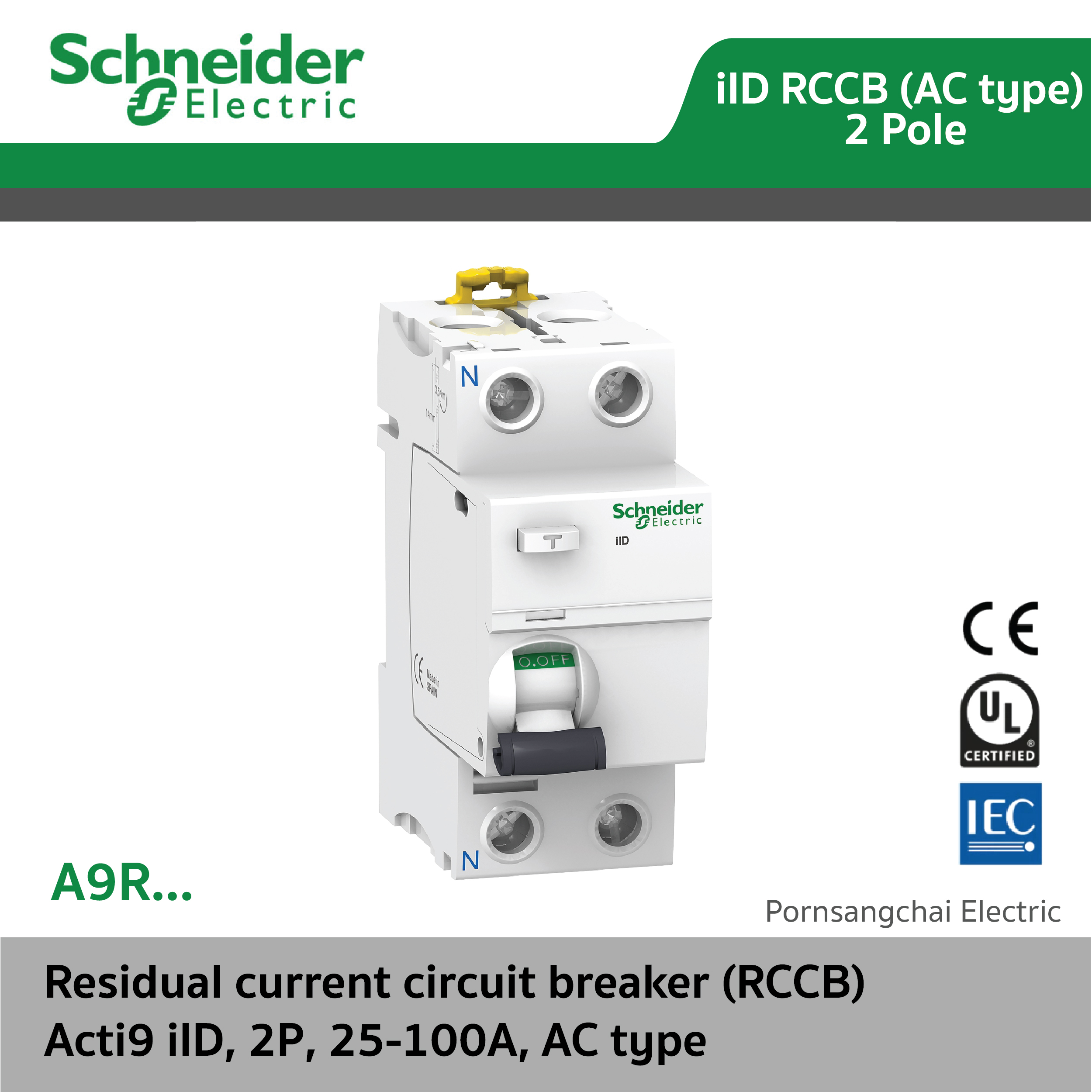 Schneider ลูกเซอร์กิตกันดูด Acti9 iID - RCCB 2P 25A- 100A รุ่น A9R